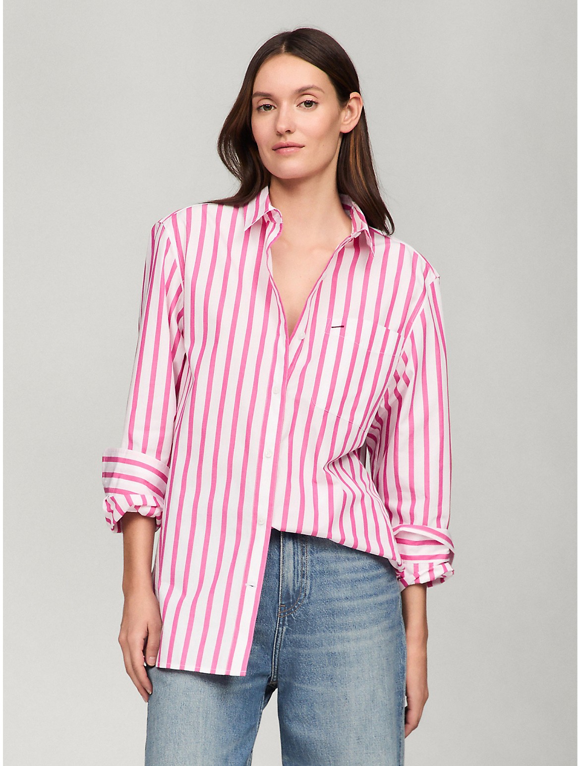 Shop Tommy Hilfiger Oversized Stripe Poplin Shirt In Pink Passion Multi