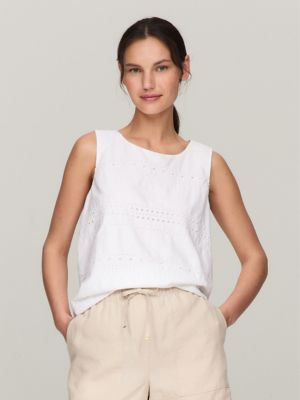 Sleeveless Embroidered A-Line Top, Optic White TH