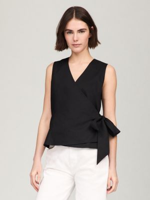 Solid Sleeveless Stretch Cotton Wrap Top, Black