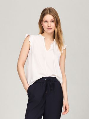 Solid Flutter-Sleeve Ruffle Top, Optic White TH