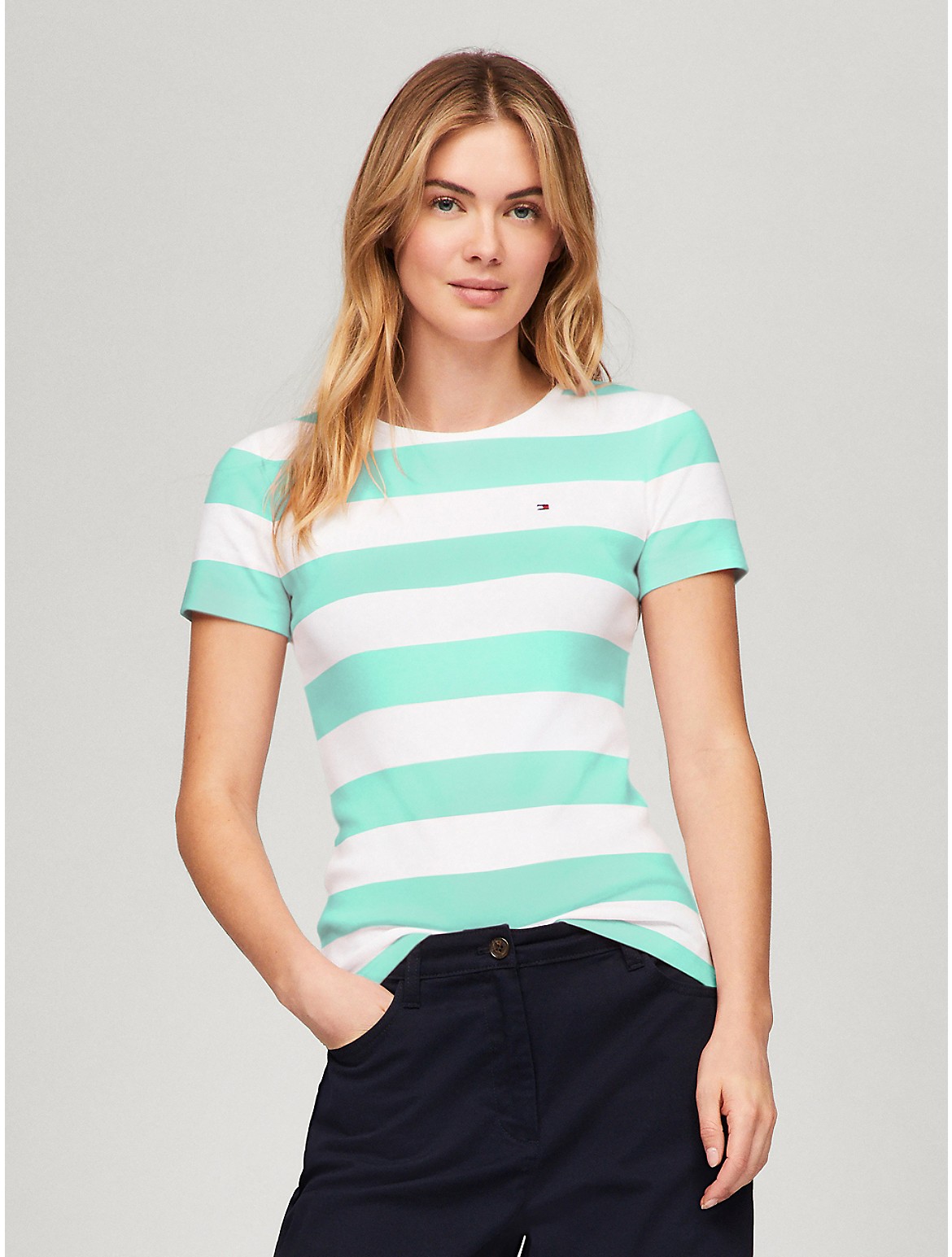 Shop Tommy Hilfiger Rugby Stripe Favorite Crewneck T In Ambitious Green Multi