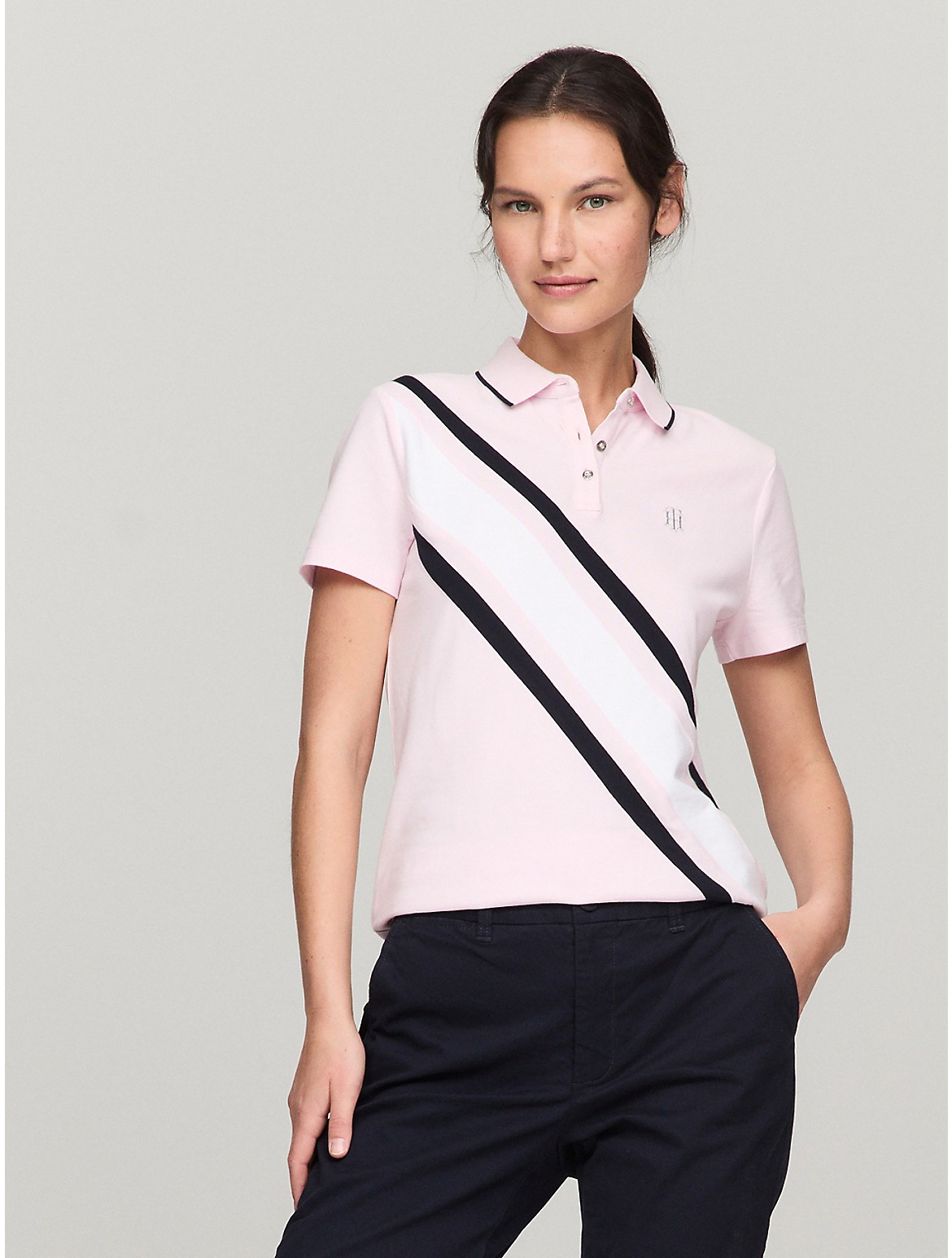 Shop Tommy Hilfiger Banner Stripe Stretch Polo In Cradle Pink Combo