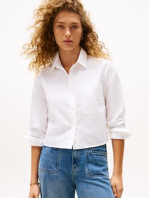 Oversized Cropped Stripe-Cuff Shirt, Optic White
