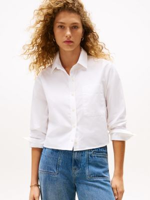 Oversized Cropped Stripe-Cuff Shirt, Optic White