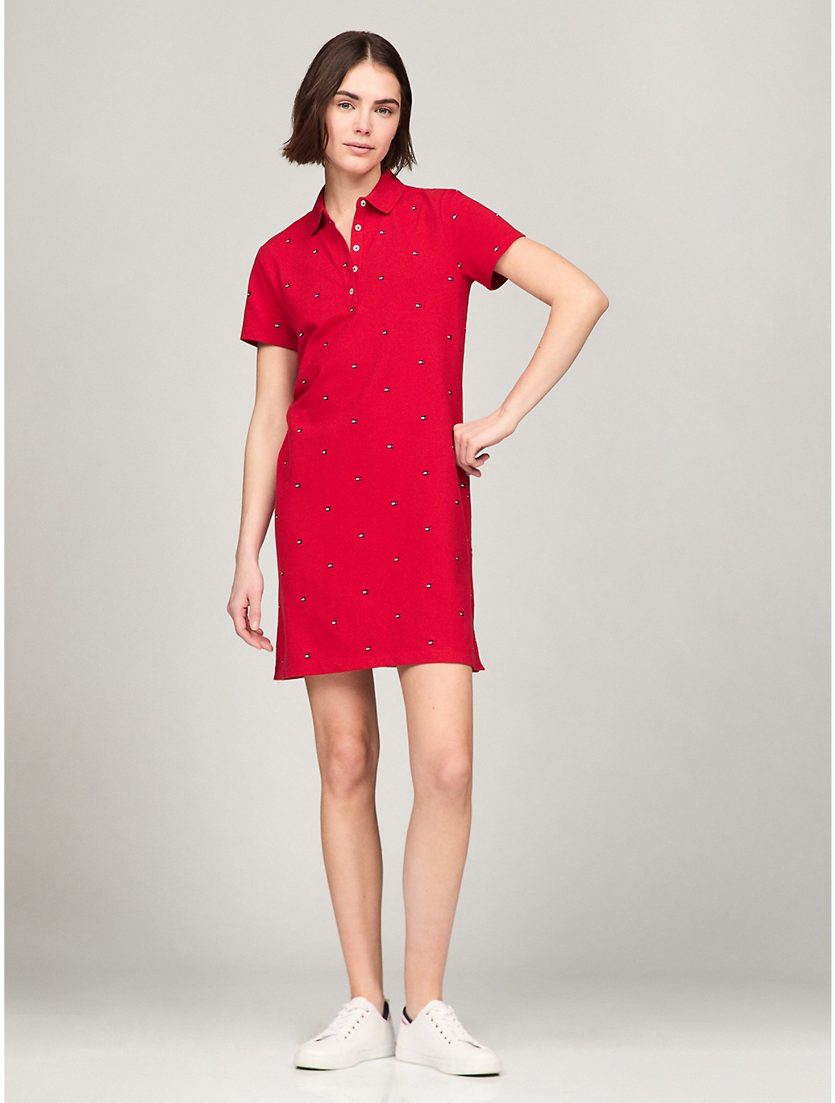 Shop Tommy Hilfiger Allover Flag Logo Stretch Polo Dress In Primary Red Multi