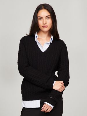 Cable Knit Wool Blend V Neck Sweater Tommy Hilfiger