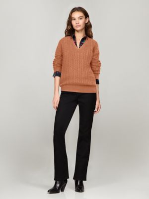 Cable Knit Wool-Blend V-Neck Sweater, Natural Cognac