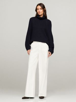Cable Knit Wool-Blend Turtleneck Sweater, Navy