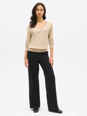 Viscose-Blend V-Neck Sweater, Beige
