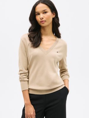 Viscose-Blend V-Neck Sweater, Beige