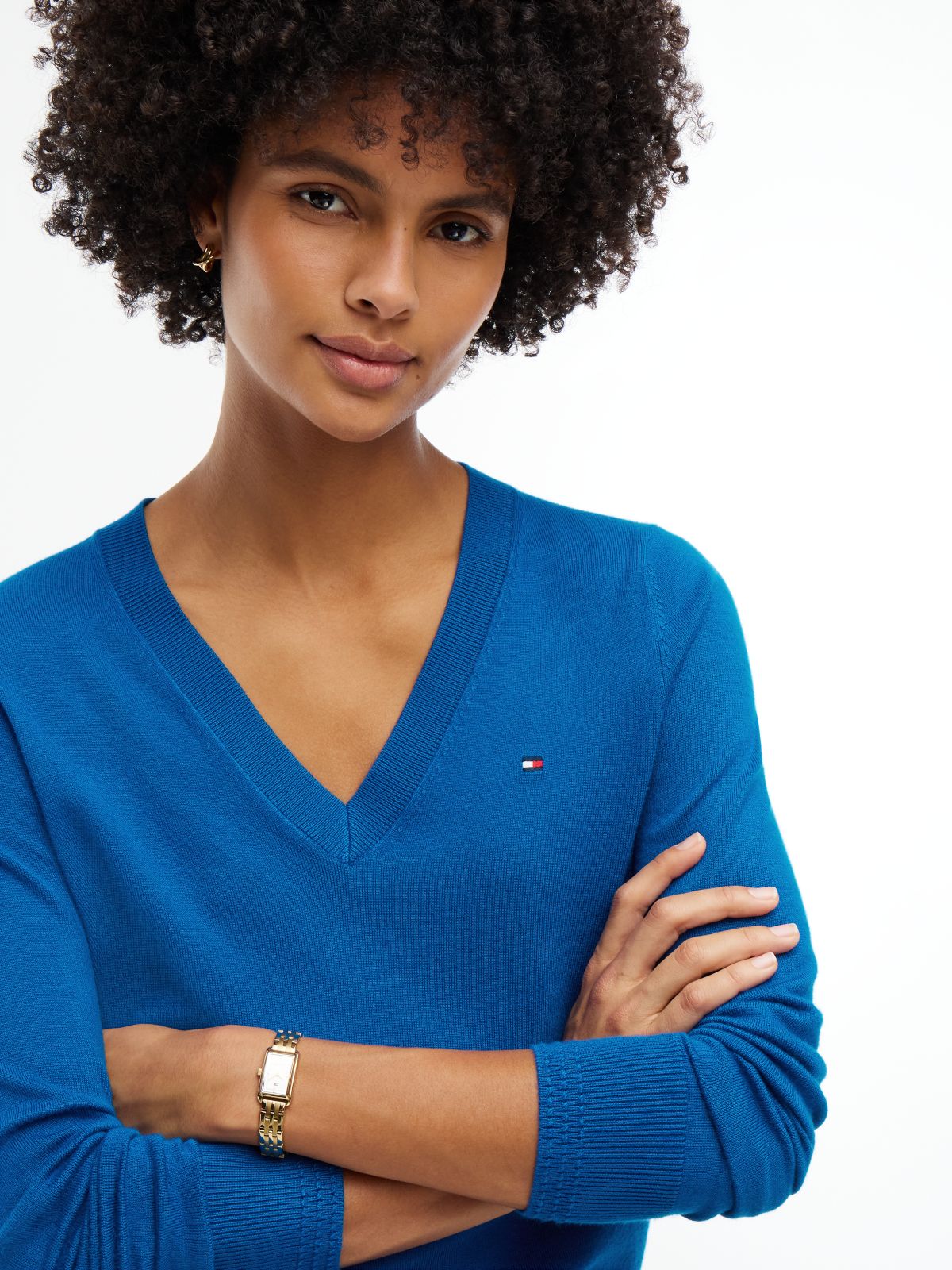 Viscose-Blend V-Neck Sweater — Blue