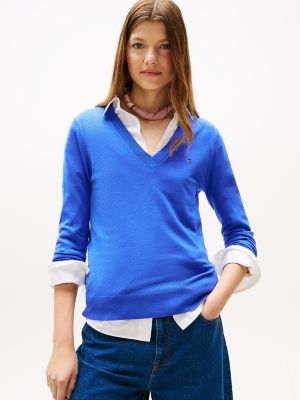 Chandail à encolure en V en mélange de viscose, bleu éblouissant