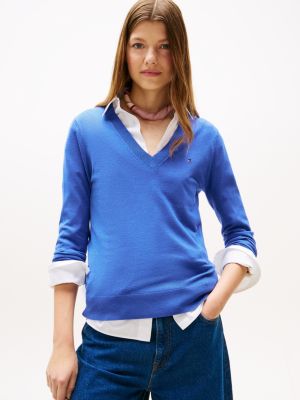 Viscose-Blend V-Neck Sweater, Dazzling Blue