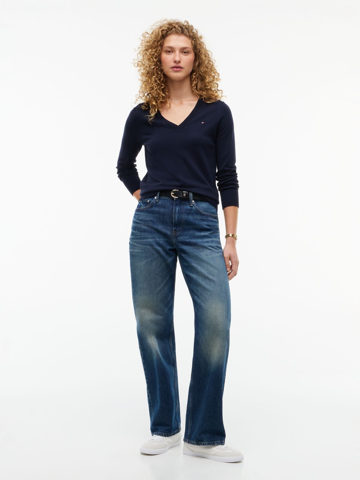Viscose-Blend V-Neck Sweater — Navy Blue