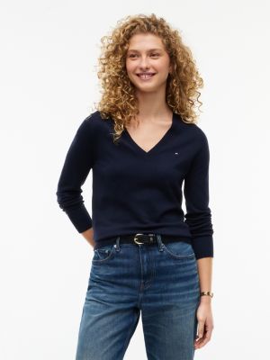 Viscose-Blend V-Neck Sweater, Navy Blue