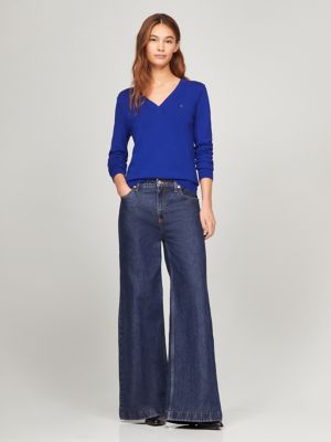 Viscose-Blend V-Neck Sweater, Rich Oxford Navy