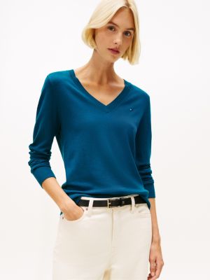 Viscose-Blend V-Neck Sweater, Midnight Turquoise