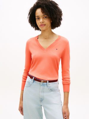 Viscose-Blend V-Neck Sweater, Sweet Nectarine