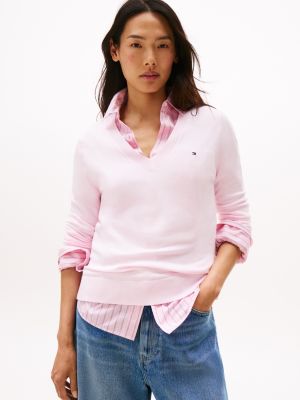 Viscose-Blend V-Neck Sweater, Light Pink
