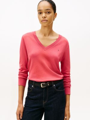 Viscose-Blend V-Neck Sweater, Heritage Pink