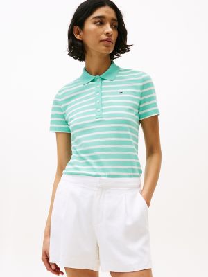 Polo en coton extensible rayé, coupe cintrée, rayures Miami Aqua