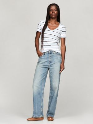 Stripe V-Neck Favorite T-Shirt, Breezy Blue