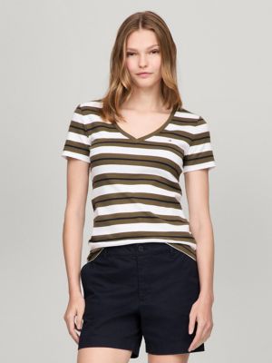 Stripe V-Neck Favorite T-Shirt, Army Green Multi