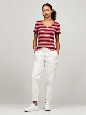 Stripe V-Neck Favorite T-Shirt, Light Crimson Multi