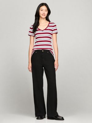 Stripe V-Neck Favorite T-Shirt, Rouge Multi