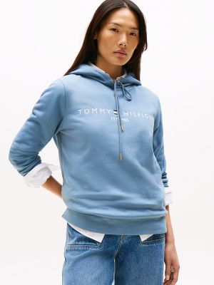 Embroidered Tommy Logo Hoodie, Blue Coal