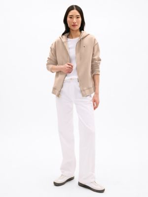 Relaxed Fit Plush-Lined Zip Hoodie, Beige