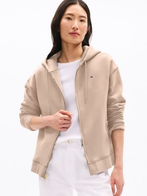 Relaxed Fit Plush-Lined Zip Hoodie, Beige