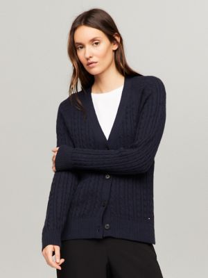Cable Knit Wool-Blend V-Neck Cardigan, Navy