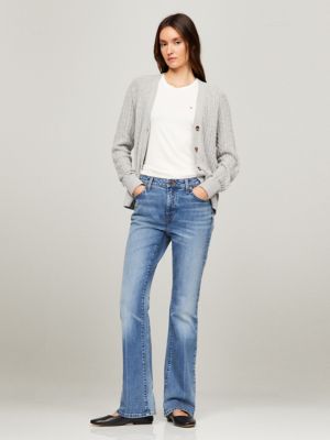 Cable Knit Wool-Blend V-Neck Cardigan, Grey Heather