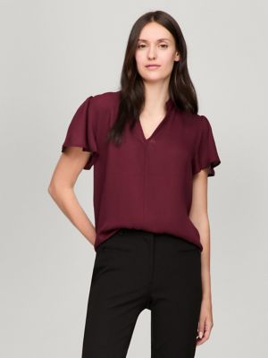 Relaxed Fit Flounce-Sleeve Top, Deep Rouge