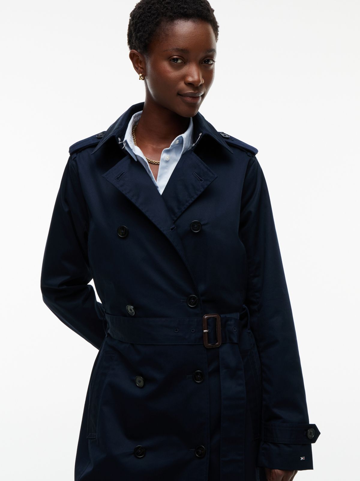 Double-Breasted Belted Trench Coat — Navy