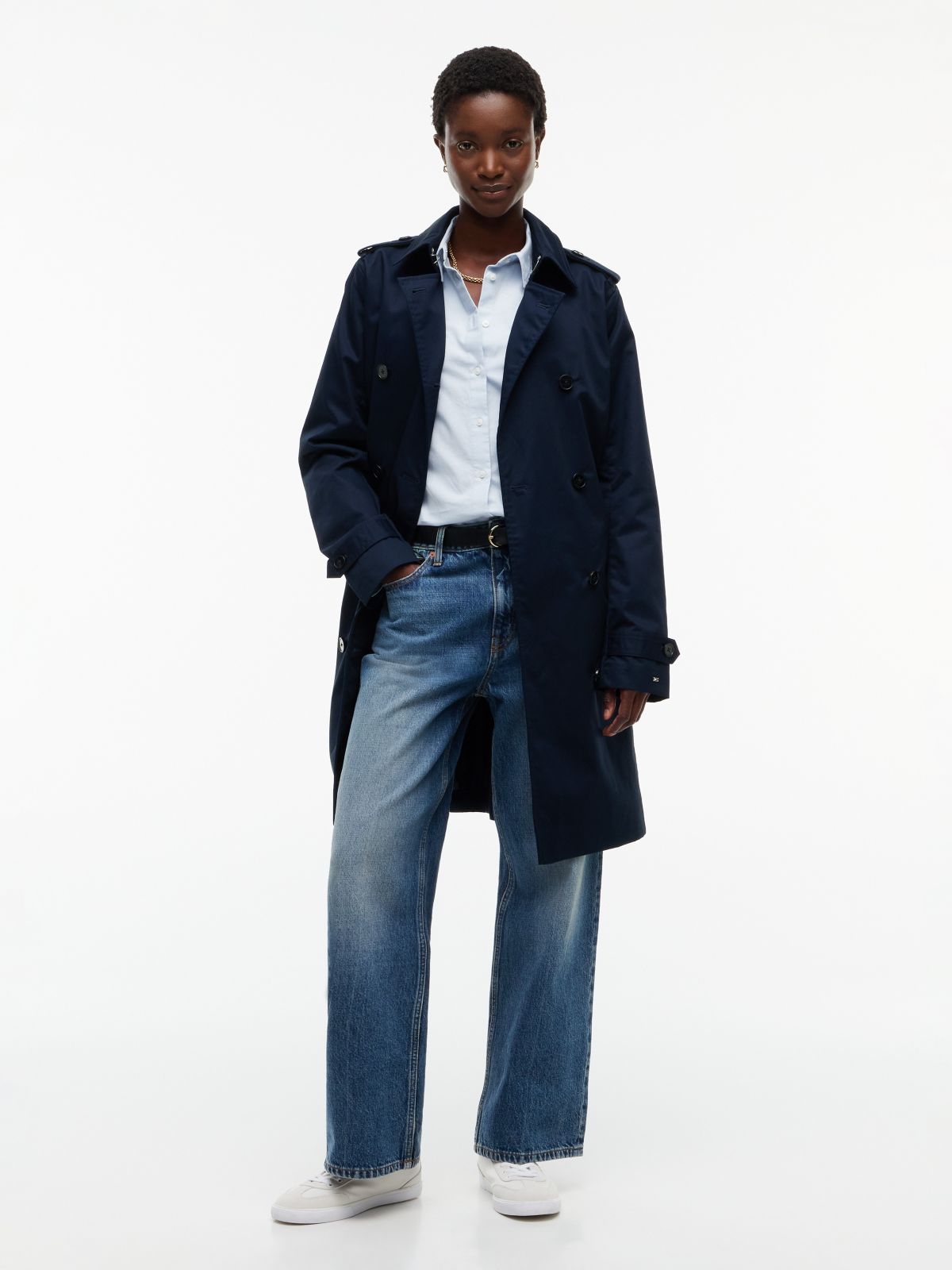 Double-Breasted Belted Trench Coat — Navy
