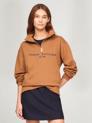 Tommy Hilfiger Women s Half Zip Embroidered Logo Sweatshirt Brown Xs