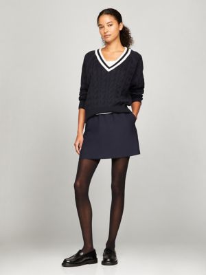 Cable Knit Varsity V-Neck Sweater | Tommy Hilfiger