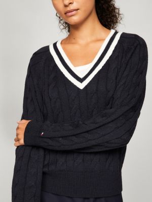 ★★ ★★ Varsity Cable V-Neck Sweater T22F0KTO Varsity Cable V-Neck Sweater | Knitwear | Tommy Hilfiger