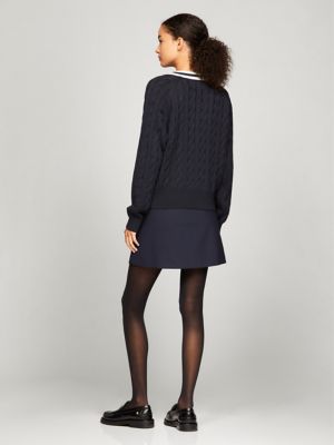 Cable Knit Varsity V-Neck Sweater | Tommy Hilfiger