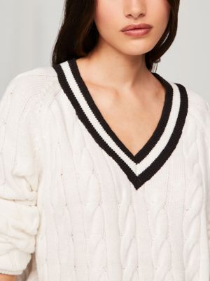 Cable Knit Varsity V-Neck Sweater | Tommy Hilfiger