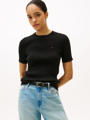 Short-Sleeve Cable Knit Sweater, Black