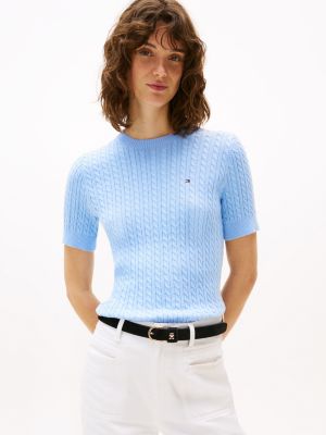 Short-Sleeve Cable Knit Sweater, Vessel Blue