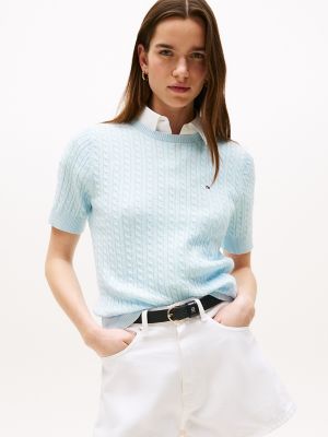 Short-Sleeve Cable Knit Sweater, Blue