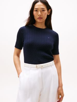 Short-Sleeve Cable Knit Sweater, Navy