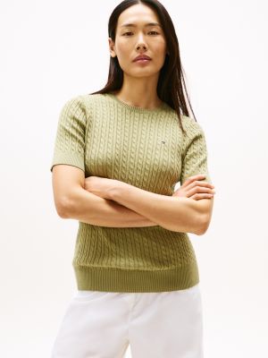 Short-Sleeve Cable Knit Sweater, Faded Olive