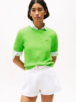 Short-Sleeve Cable Knit Sweater, Spring Lime