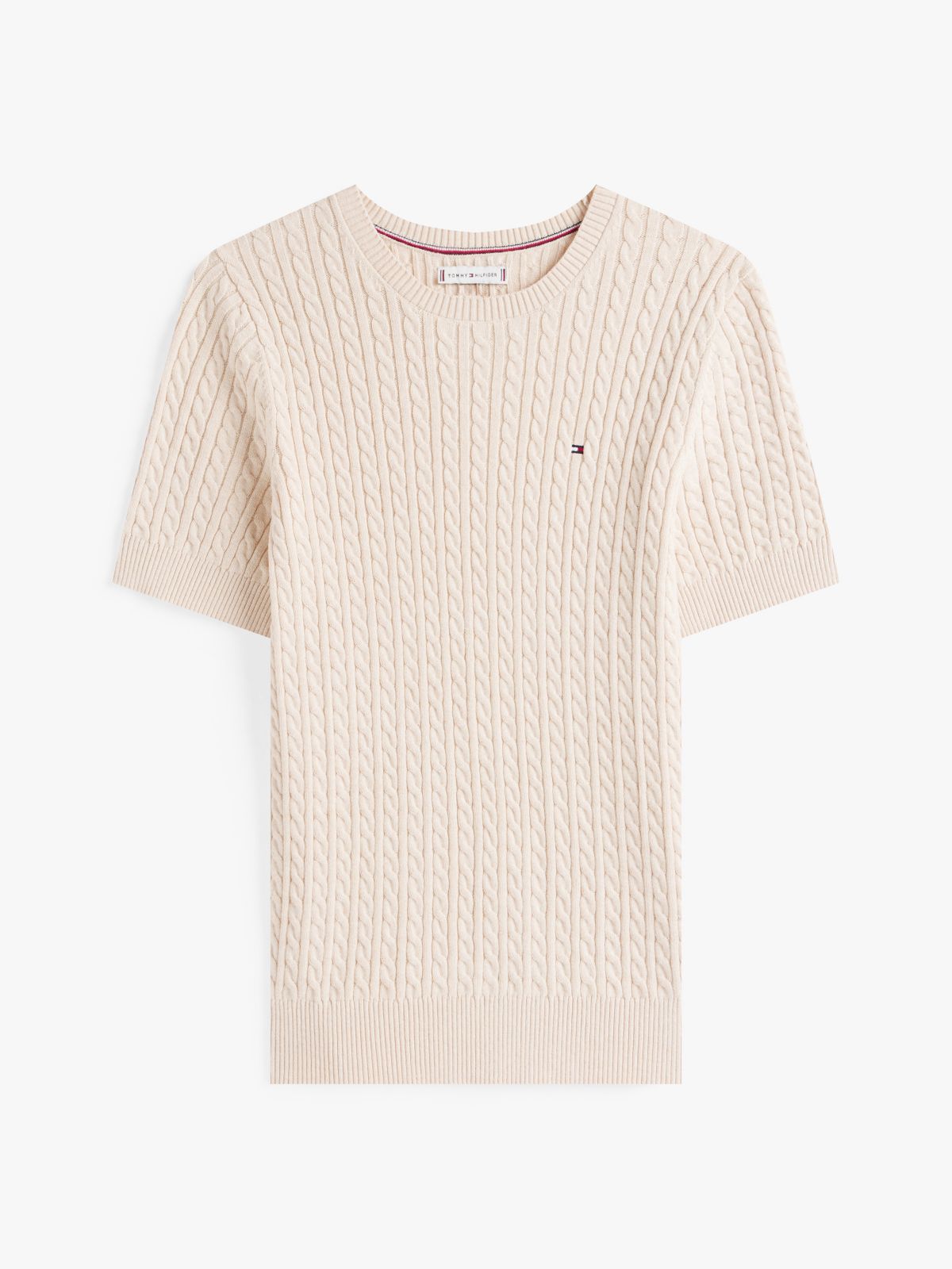 Short-Sleeve Cable Knit Sweater — Beige Heather