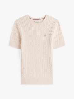 Short-Sleeve Cable Knit Sweater — Beige Heather 5